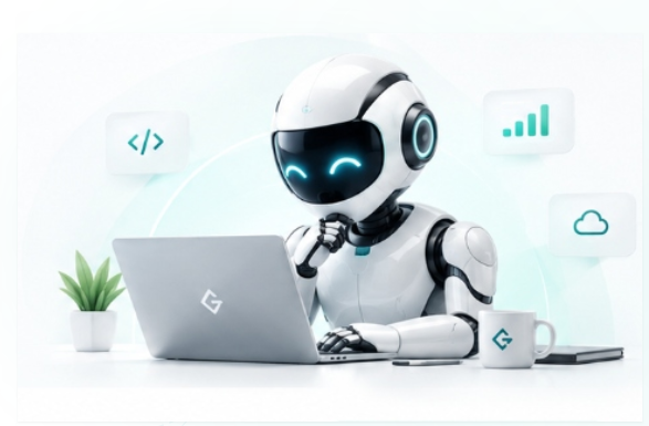 GrydIn AI assistant working at a laptop